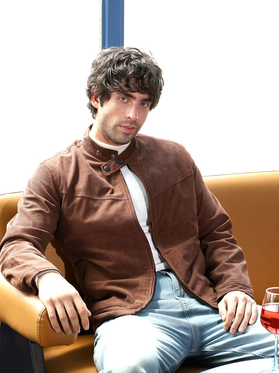 Men Chocolate Brown Corduroy Rider Jacket