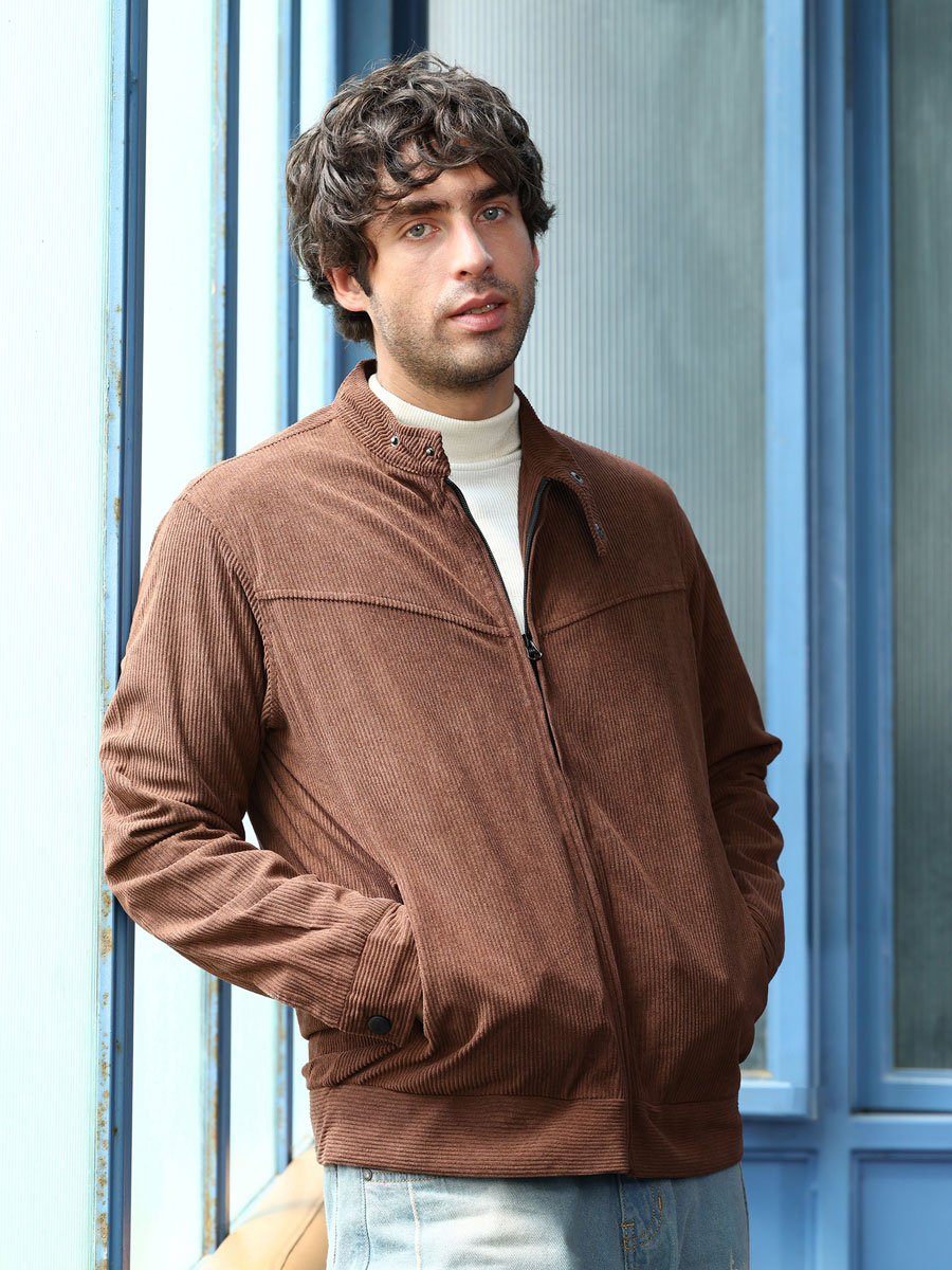 Men Chocolate Brown Corduroy Rider Jacket