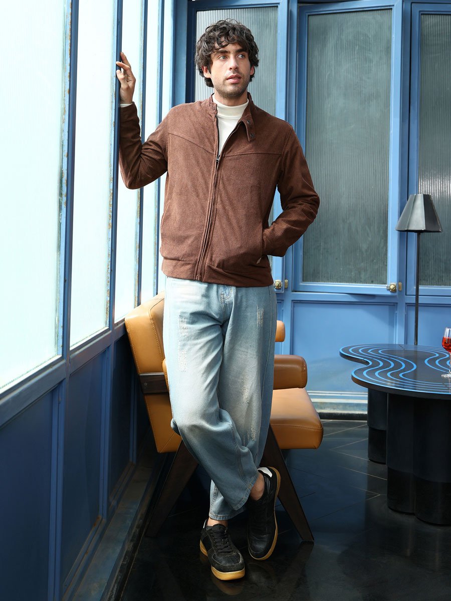 Men Chocolate Brown Corduroy Rider Jacket