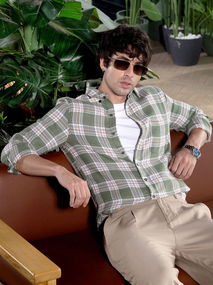 Men Light Olive Button-Down Tartan-Jacquard Shirt