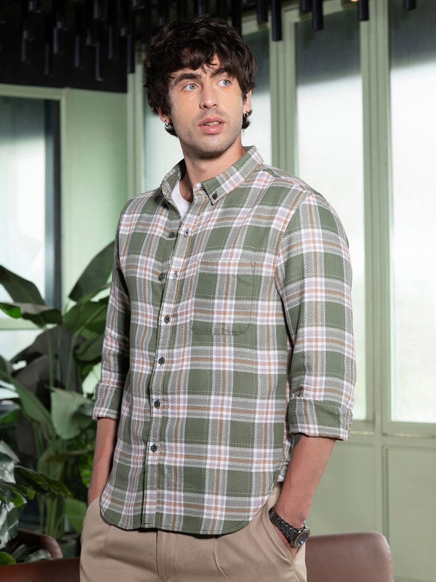 Men Light Olive Button-Down Tartan-Jacquard Shirt