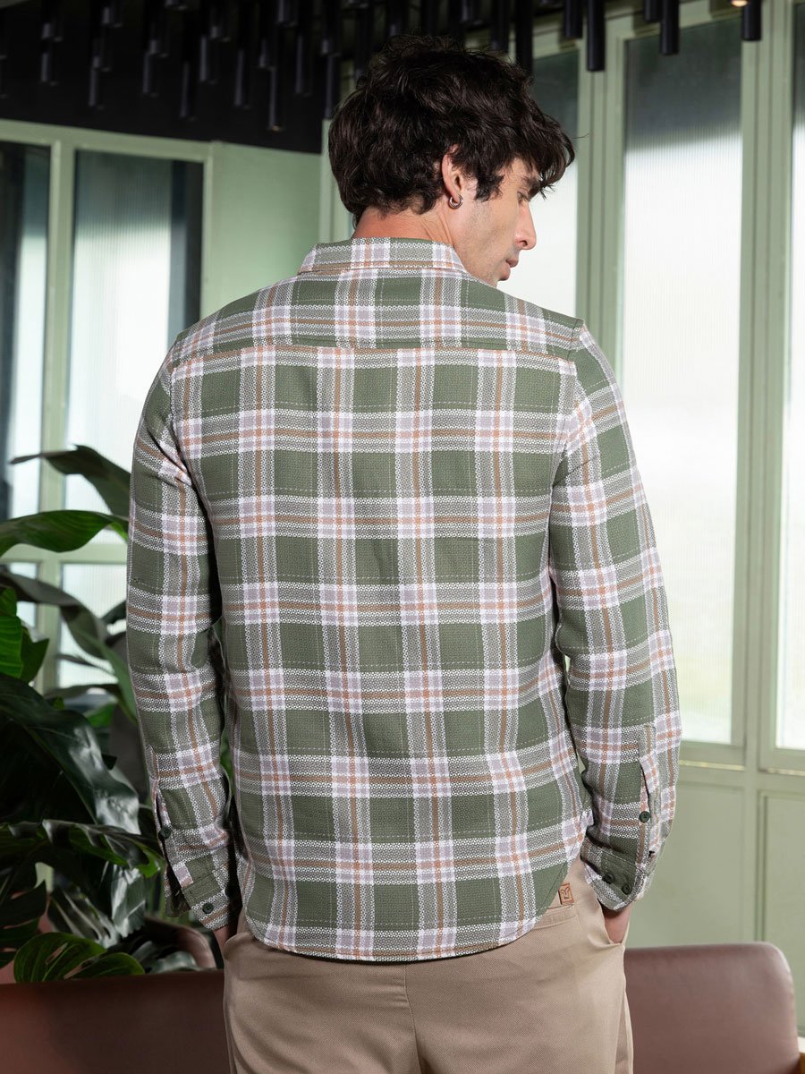 Men Light Olive Button-Down Tartan-Jacquard Shirt