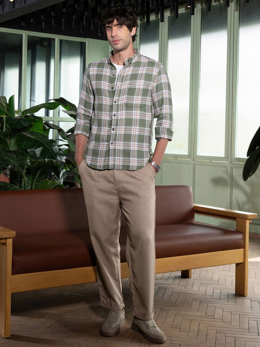 Men Light Olive Button-Down Tartan-Jacquard Shirt
