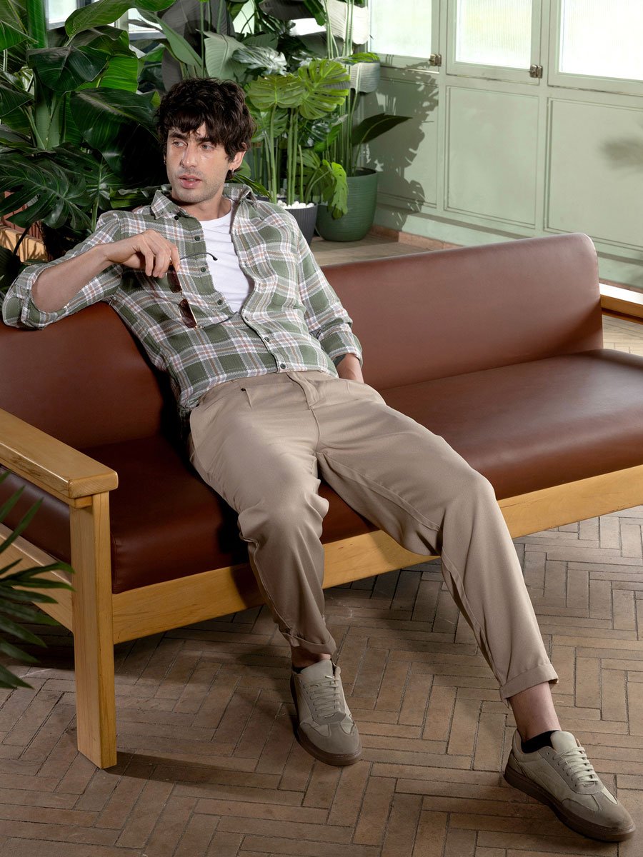 Men Light Olive Button-Down Tartan-Jacquard Shirt