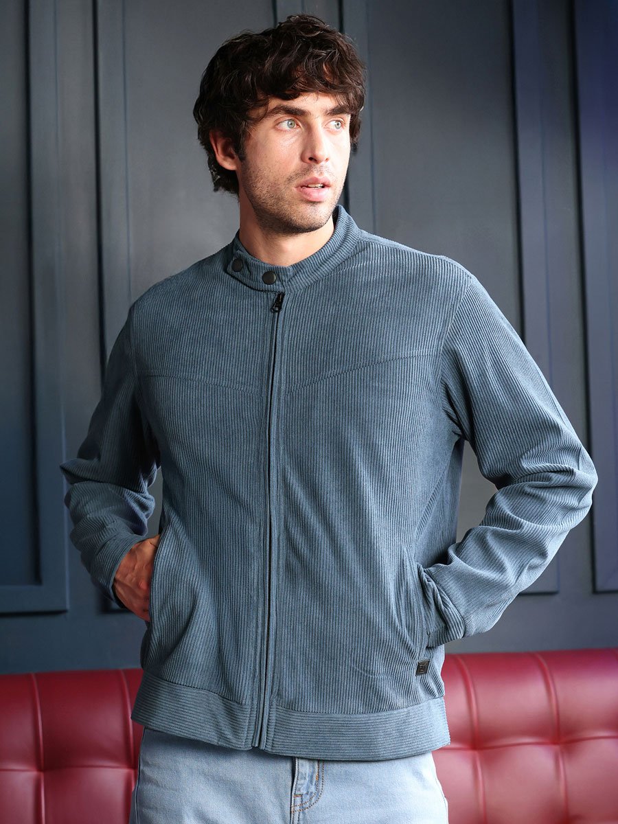 Men Blue Corduroy Rider Jacket