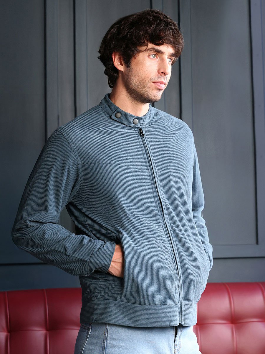 Men Blue Corduroy Rider Jacket