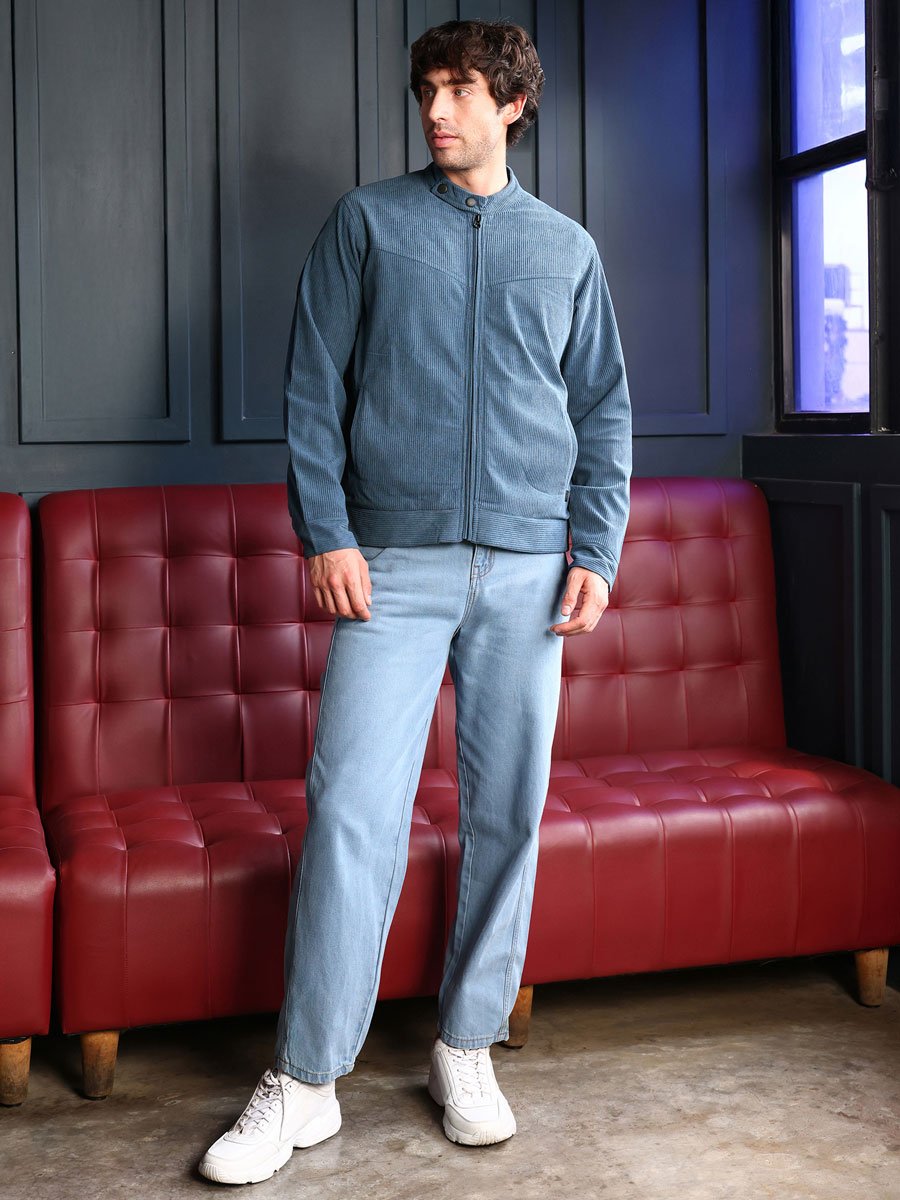 Men Blue Corduroy Rider Jacket
