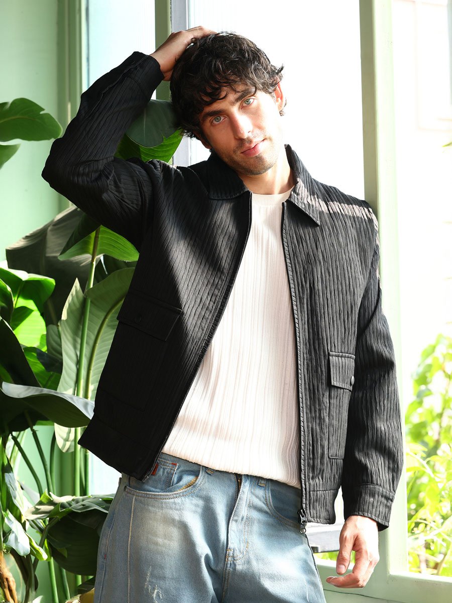 Men Black Zip-Front Crease-Tactile Jacket