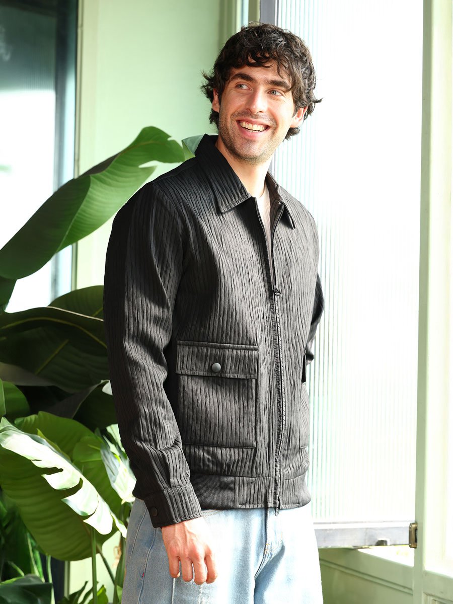 Men Black Zip-Front Crease-Tactile Jacket