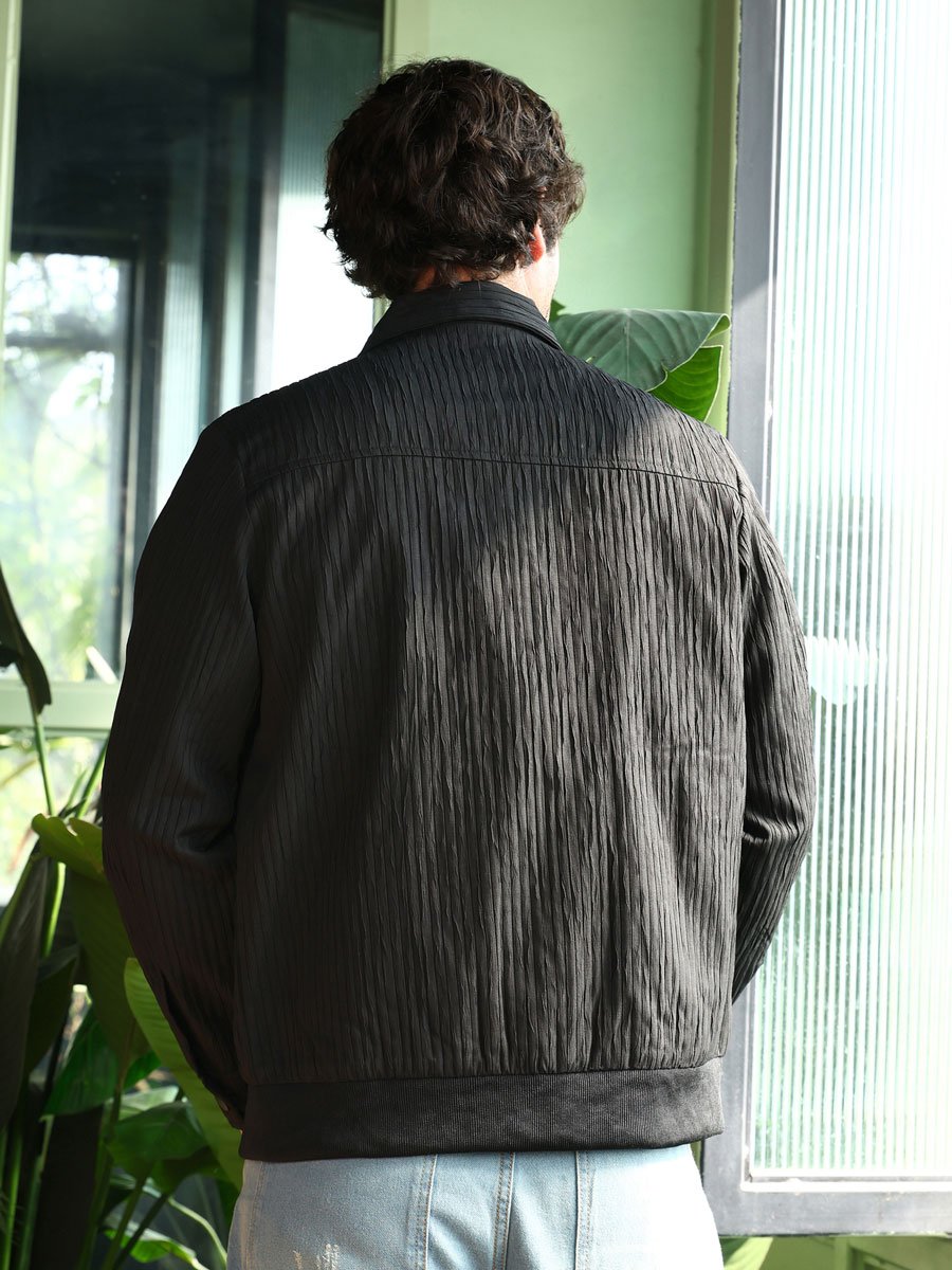 Men Black Zip-Front Crease-Tactile Jacket
