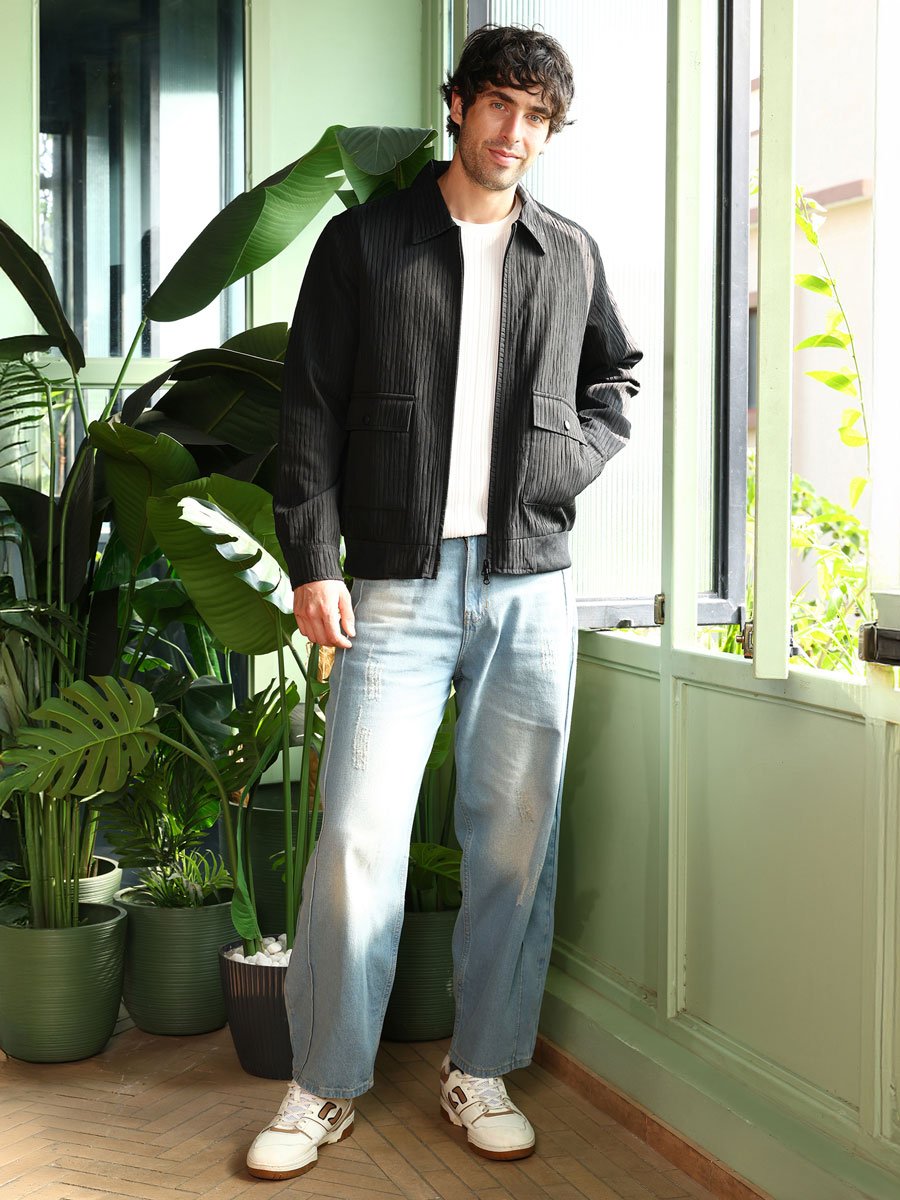 Men Black Zip-Front Crease-Tactile Jacket
