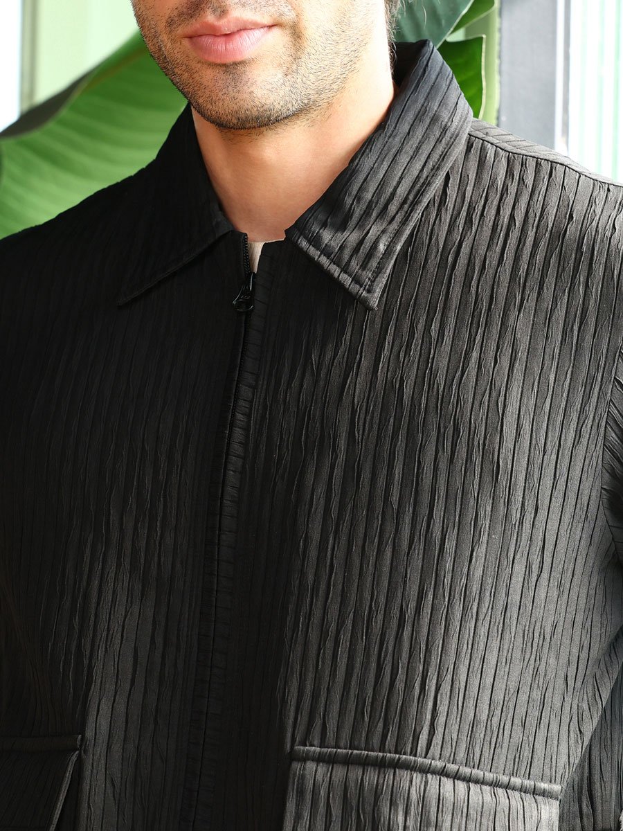 Men Black Zip-Front Crease-Tactile Jacket