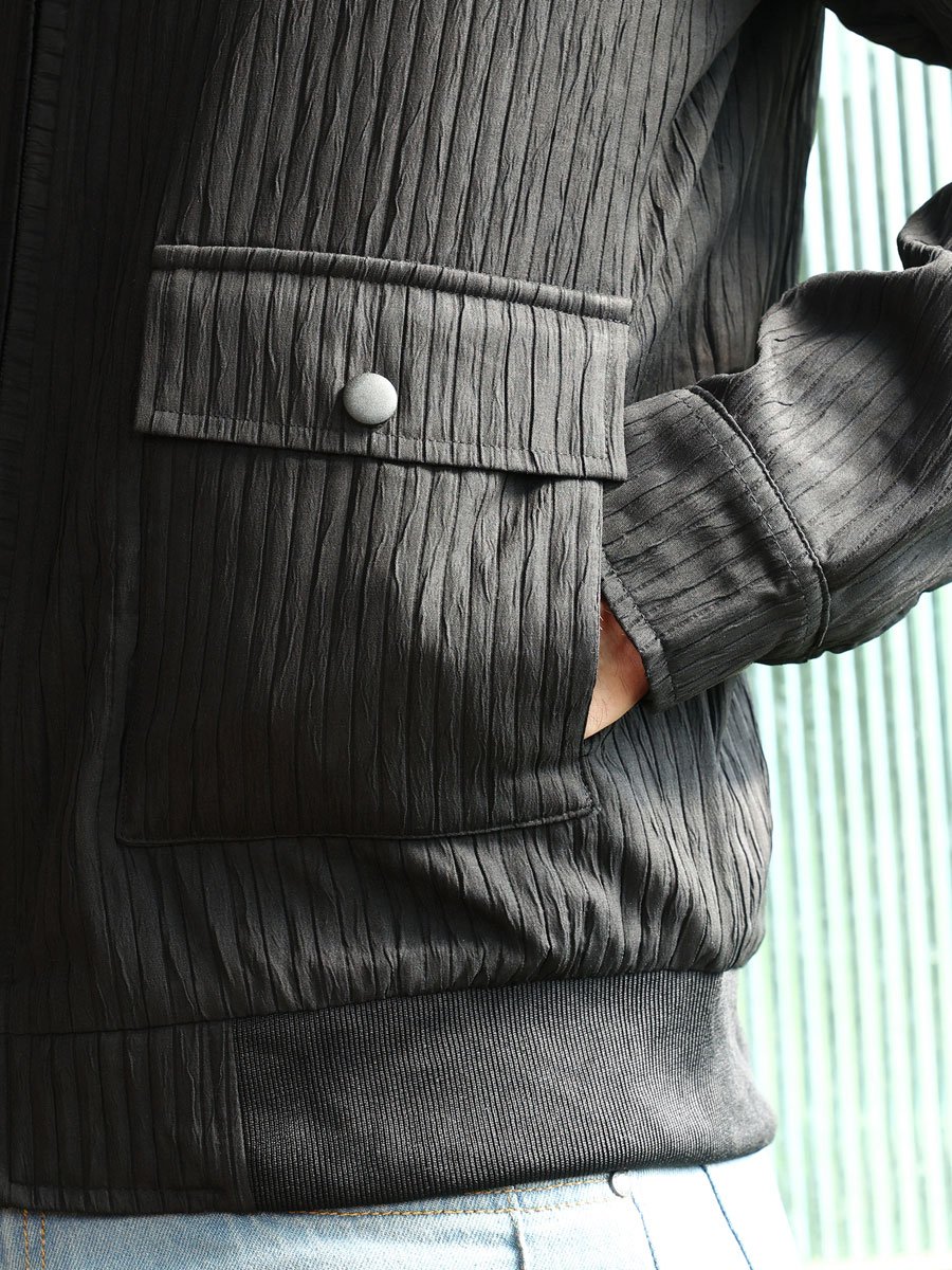 Men Black Zip-Front Crease-Tactile Jacket