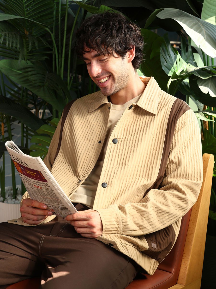 Men Beige Panelled Crease-Tactile Jacket