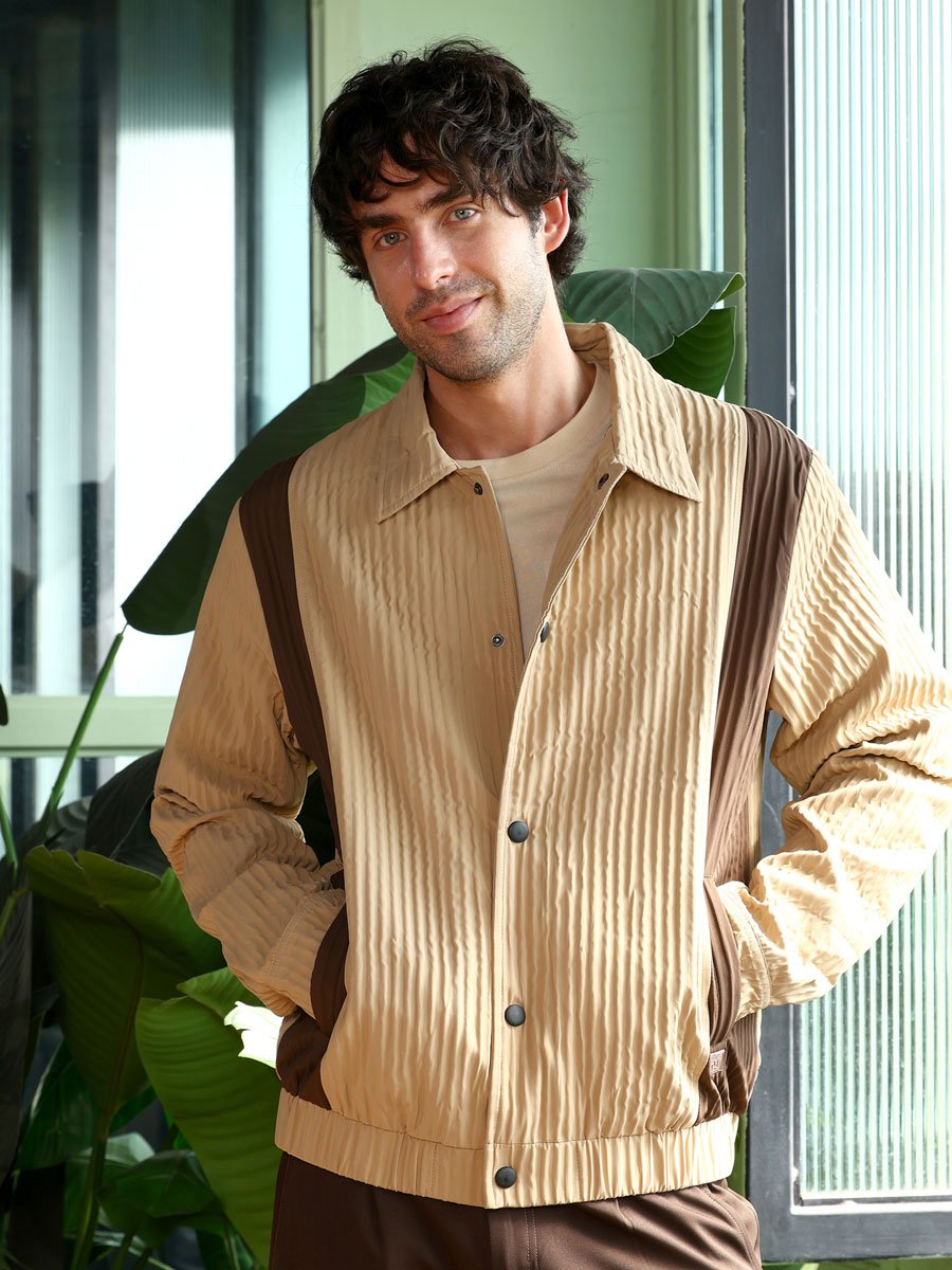 Men Beige Panelled Crease-Tactile Jacket