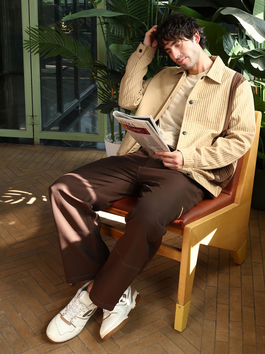 Men Beige Panelled Crease-Tactile Jacket