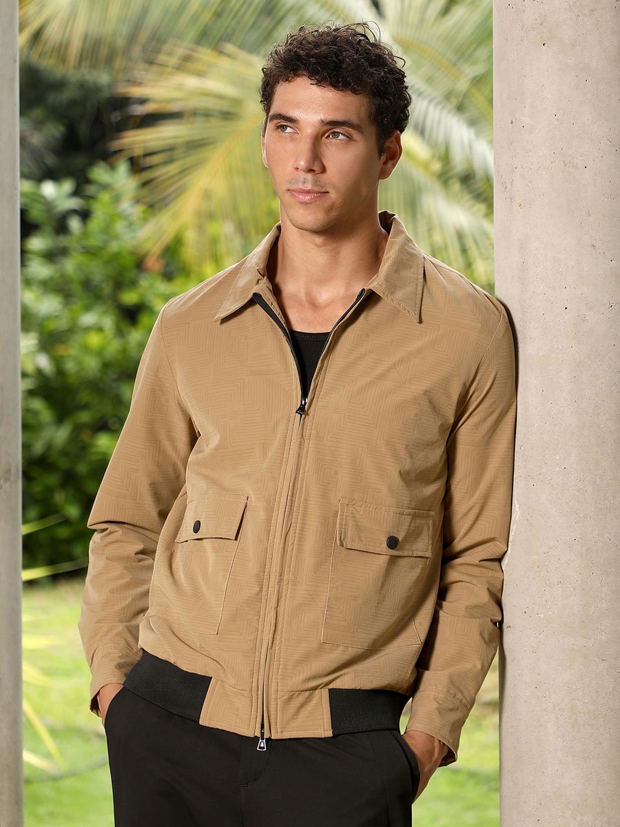 Men Beige Zip-Front Geometric-Jacquard Jacket