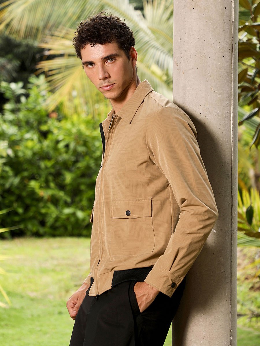 Men Beige Zip-Front Geometric-Jacquard Jacket