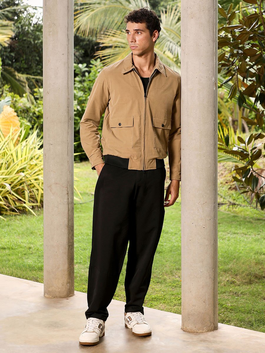 Men Beige Zip-Front Geometric-Jacquard Jacket