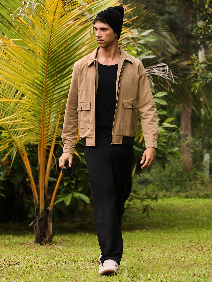Men Beige Zip-Front Geometric-Jacquard Jacket