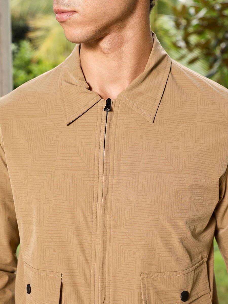 Men Beige Zip-Front Geometric-Jacquard Jacket