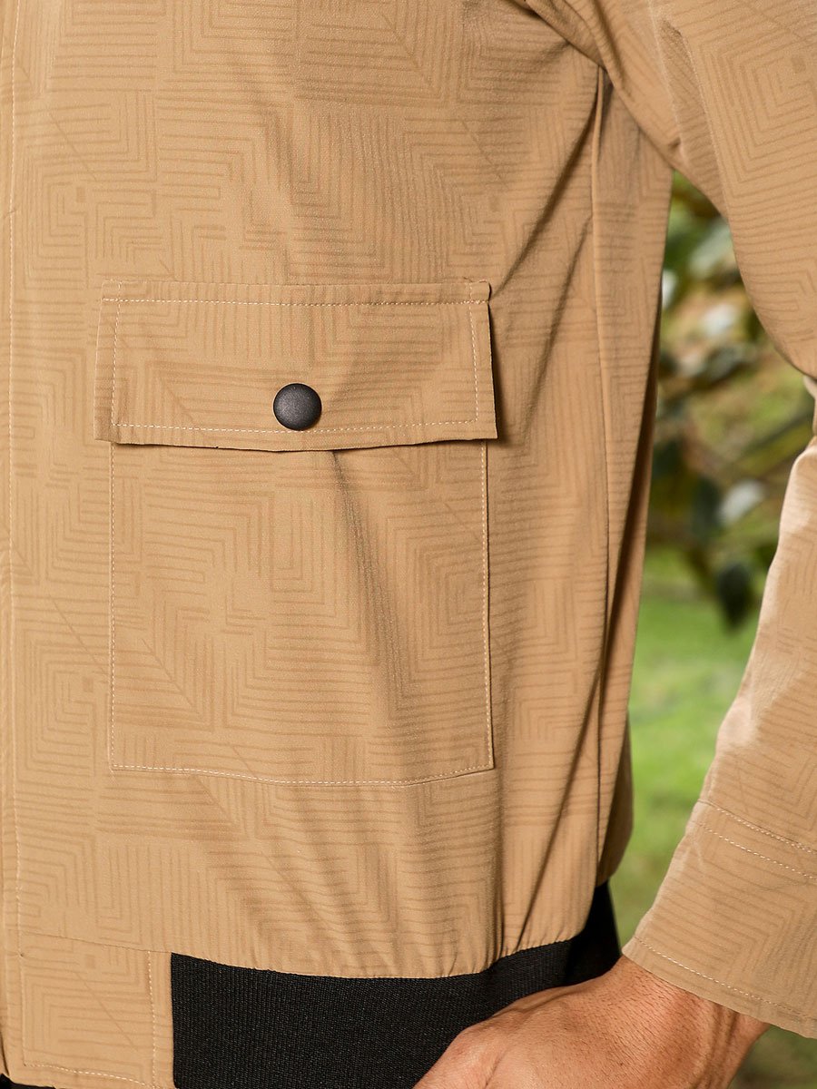 Men Beige Zip-Front Geometric-Jacquard Jacket