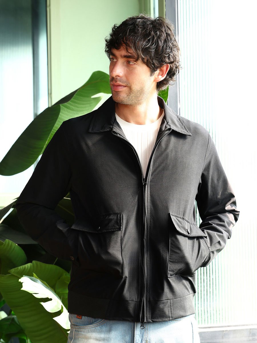 Men Black Zip-Front Geometric-Jacquard Jacket