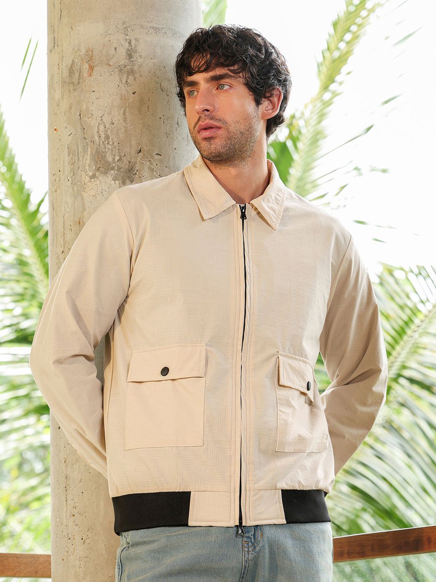 Men Cream Zip-Front Geometric-Jacquard Jacket