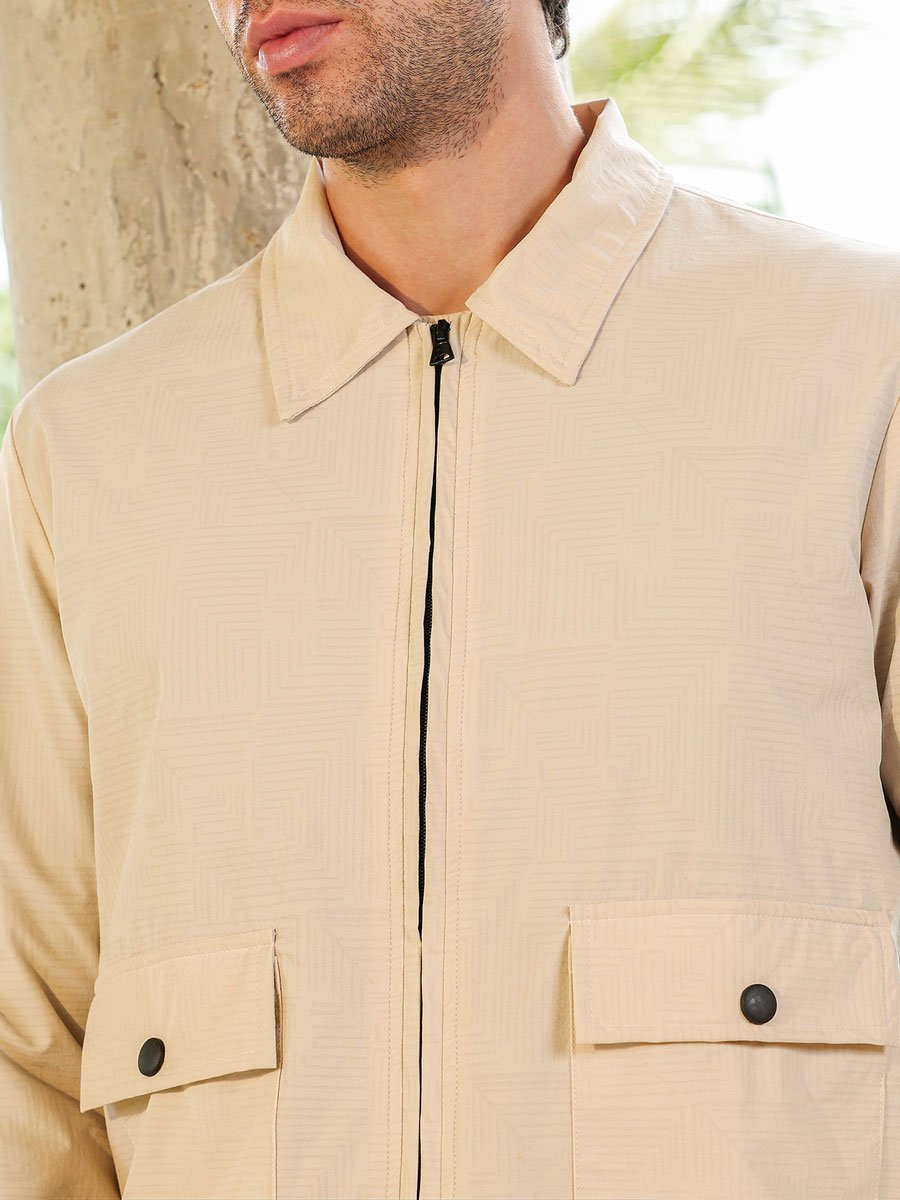 Men Cream Zip-Front Geometric-Jacquard Jacket