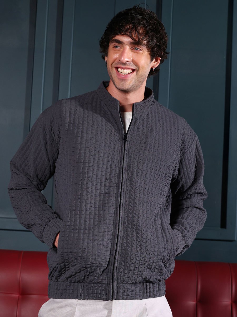 Men Black Cubic-Tactile Bomber Jacket