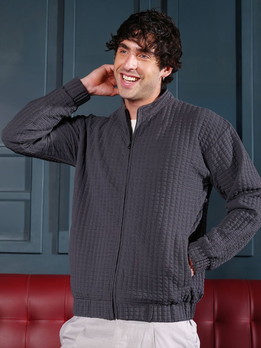 Men Black Cubic-Tactile Bomber Jacket