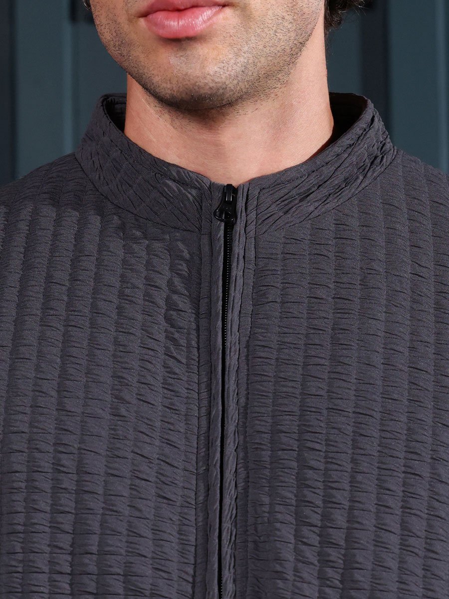 Men Black Cubic-Tactile Bomber Jacket