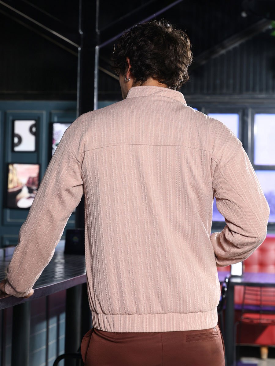 Men Beige Rope-Tactile Bomber Jacket