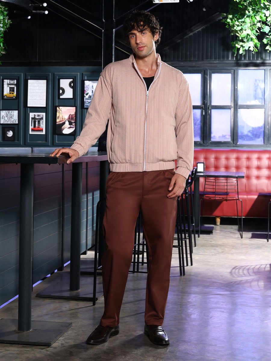 Men Beige Rope-Tactile Bomber Jacket