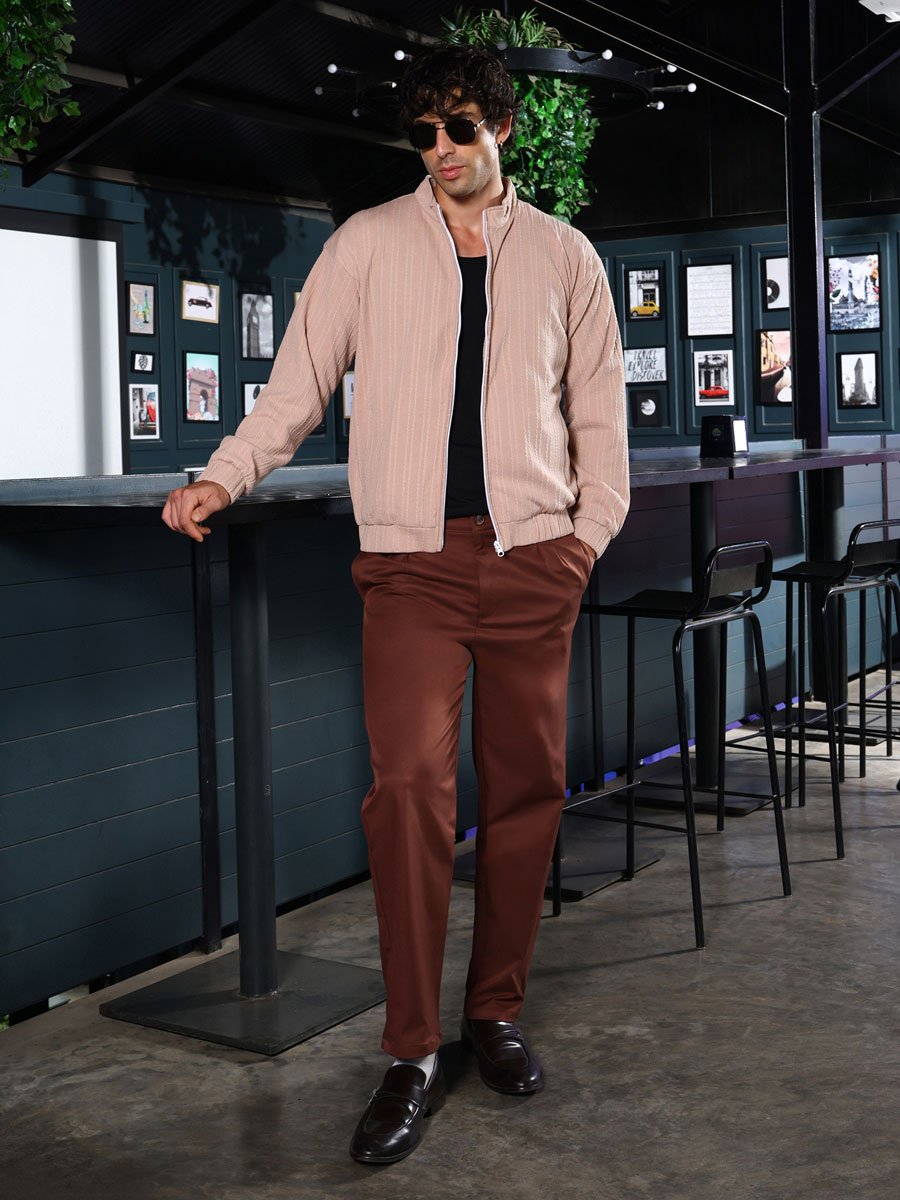 Men Beige Rope-Tactile Bomber Jacket