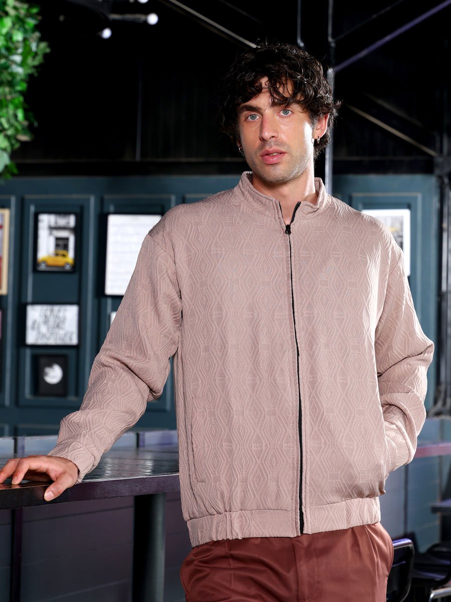 Men Beige Illuminator-Tactile Bomber Jacket