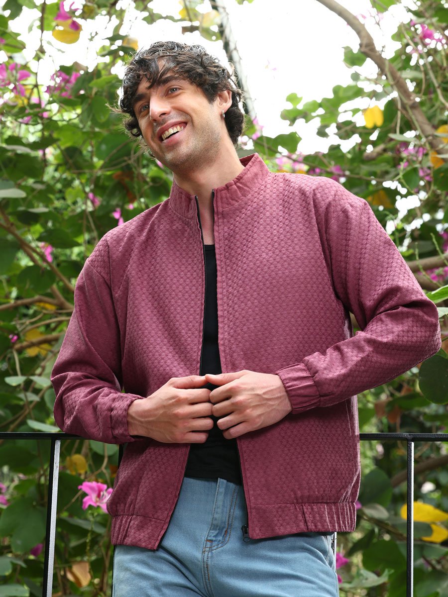 Men Red Gridveil-Jacquard Bomber Jacket