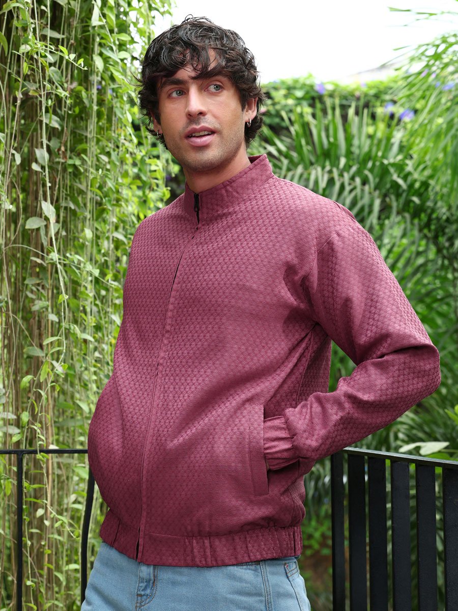 Men Red Gridveil-Jacquard Bomber Jacket