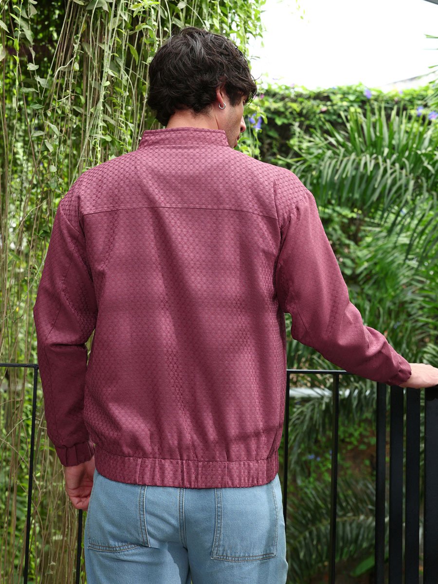 Men Red Gridveil-Jacquard Bomber Jacket