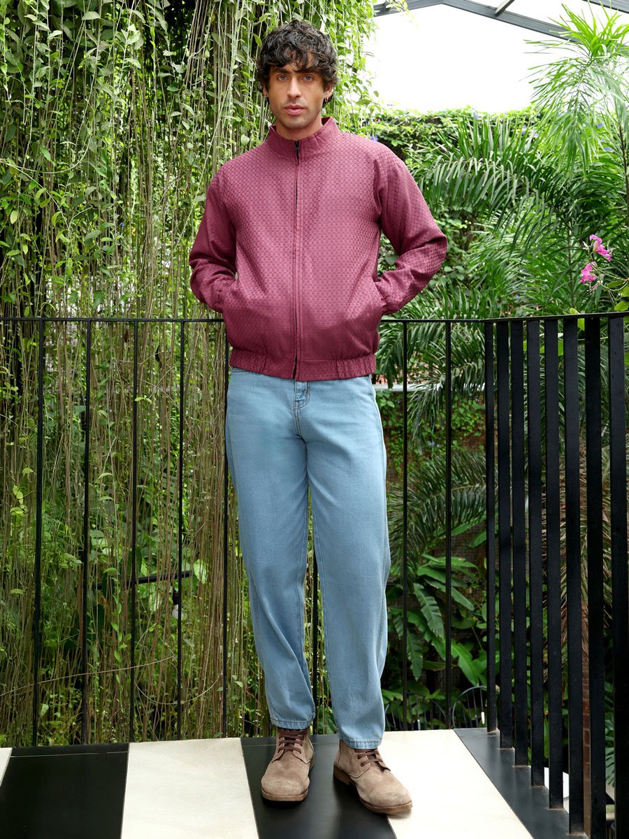 Men Red Gridveil-Jacquard Bomber Jacket