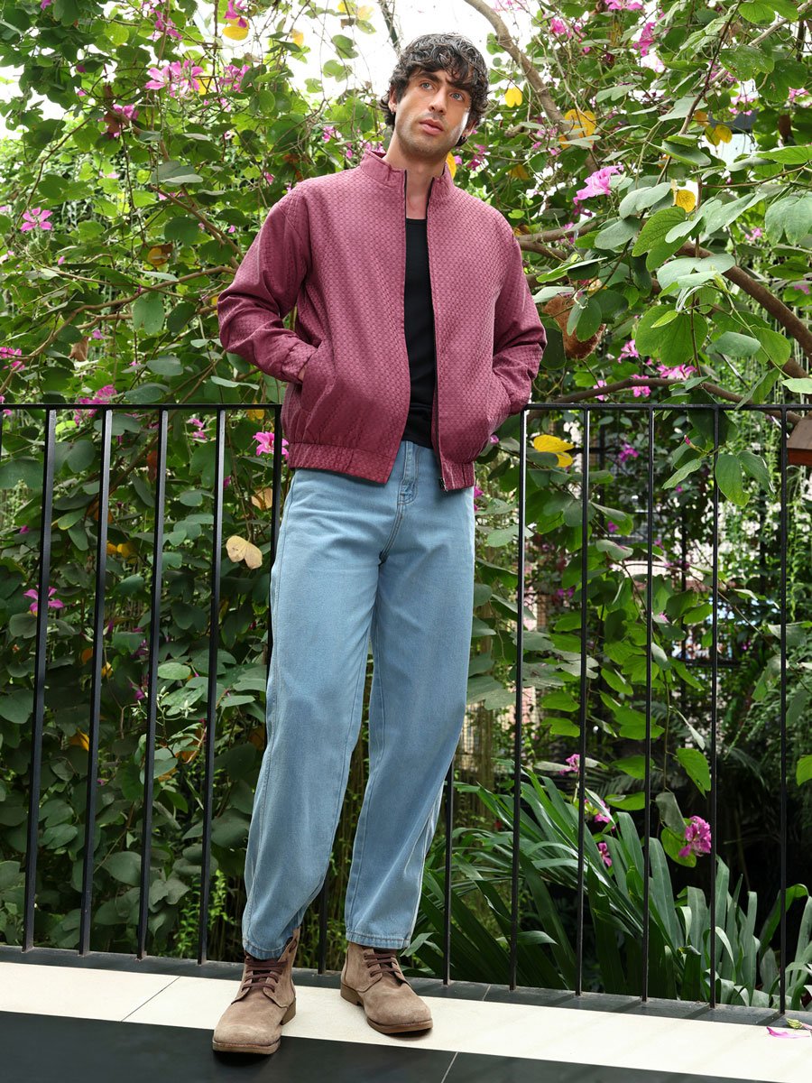 Men Red Gridveil-Jacquard Bomber Jacket