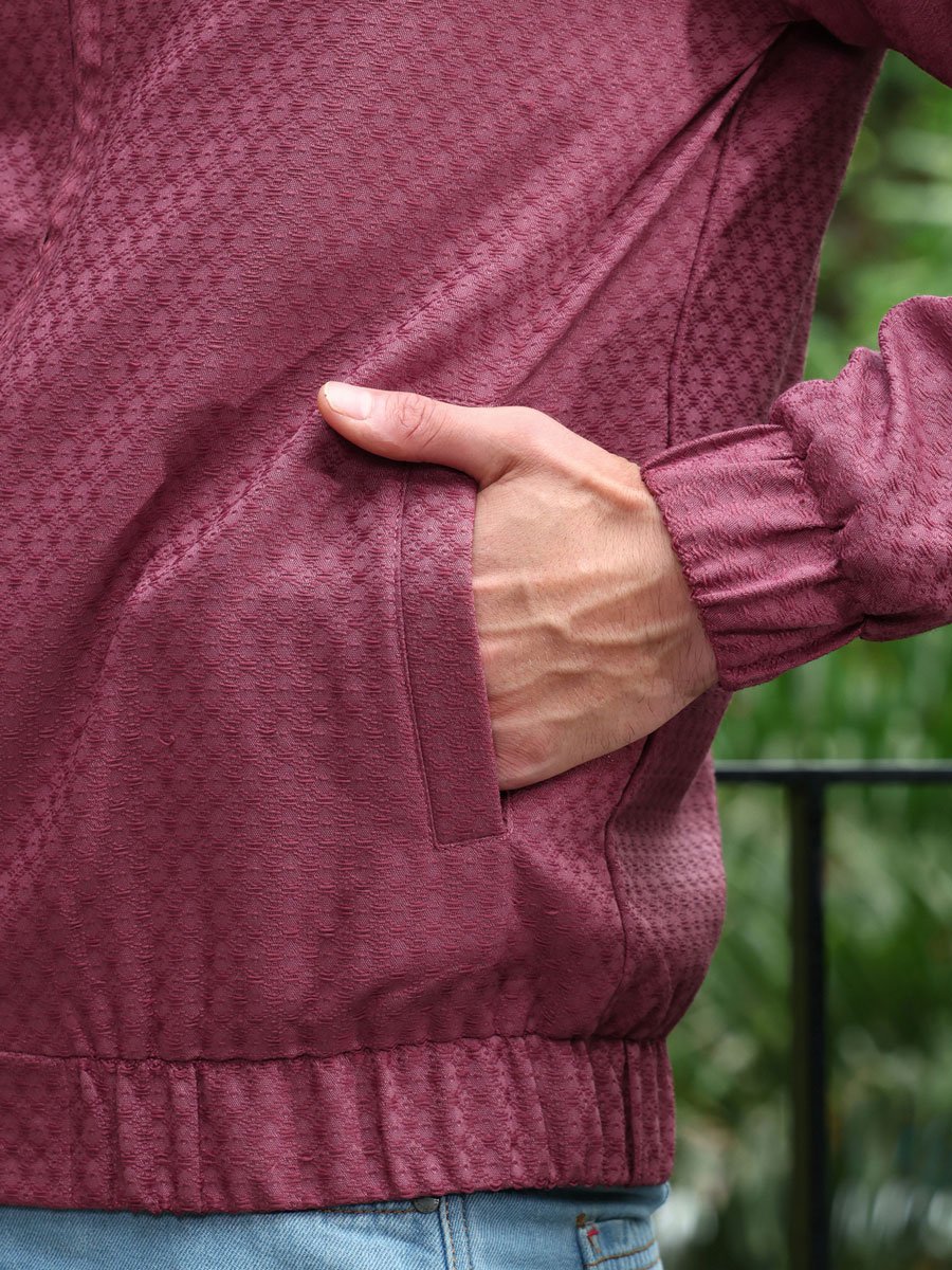 Men Red Gridveil-Jacquard Bomber Jacket