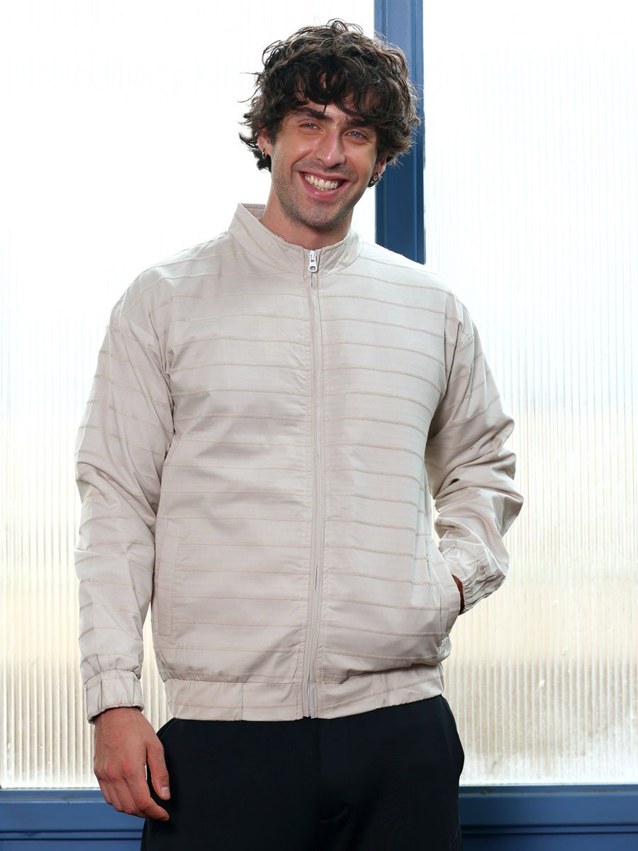 Men Grey Striped-Jacquard Bomber Jacket