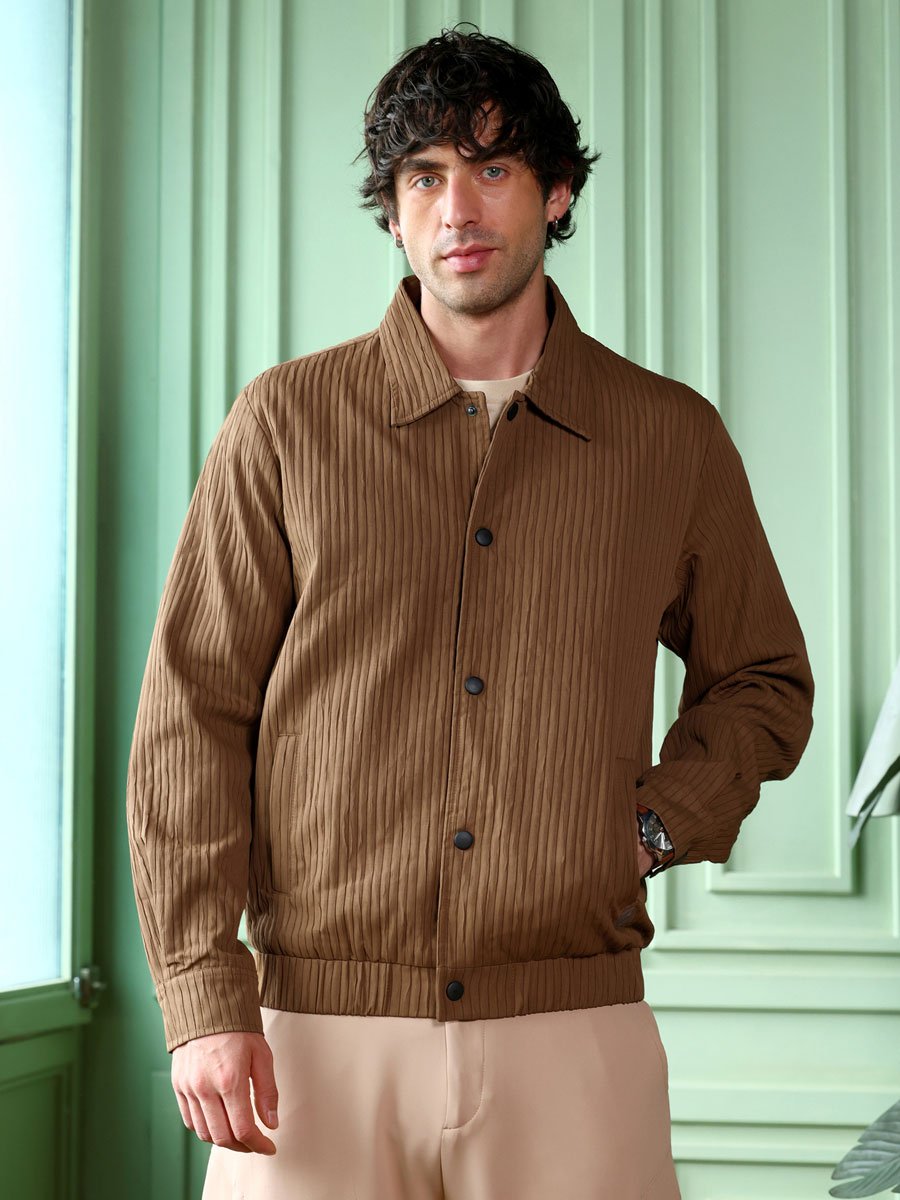 Men Brown Zip-Front Crushed-Tactile Jacket