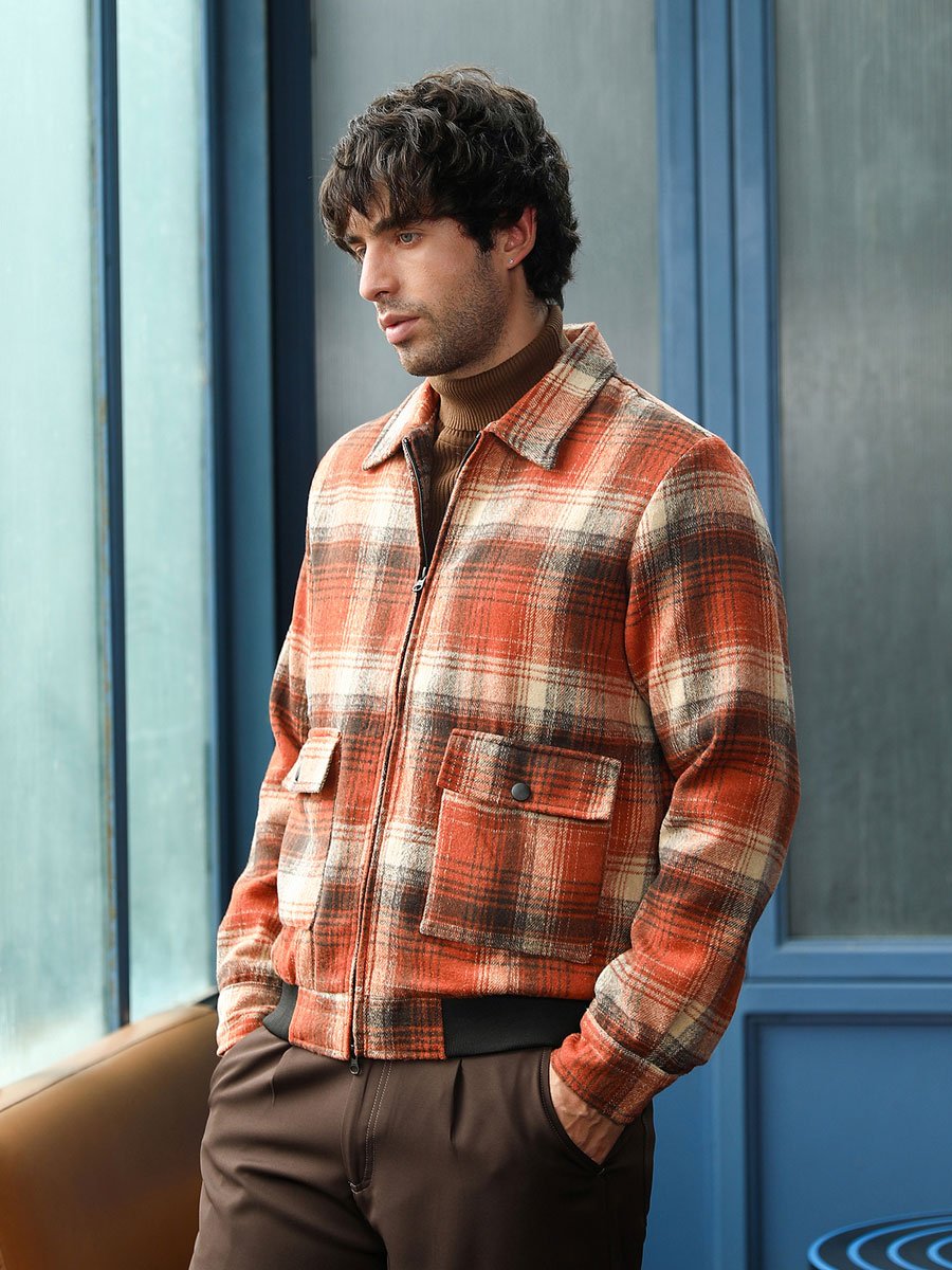 Men Orange Zip-Front Plaid Jacket