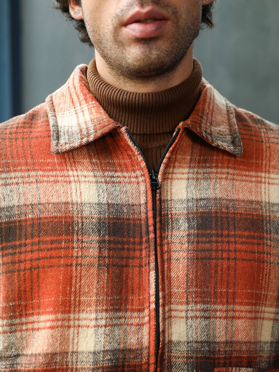 Men Orange Zip-Front Plaid Jacket