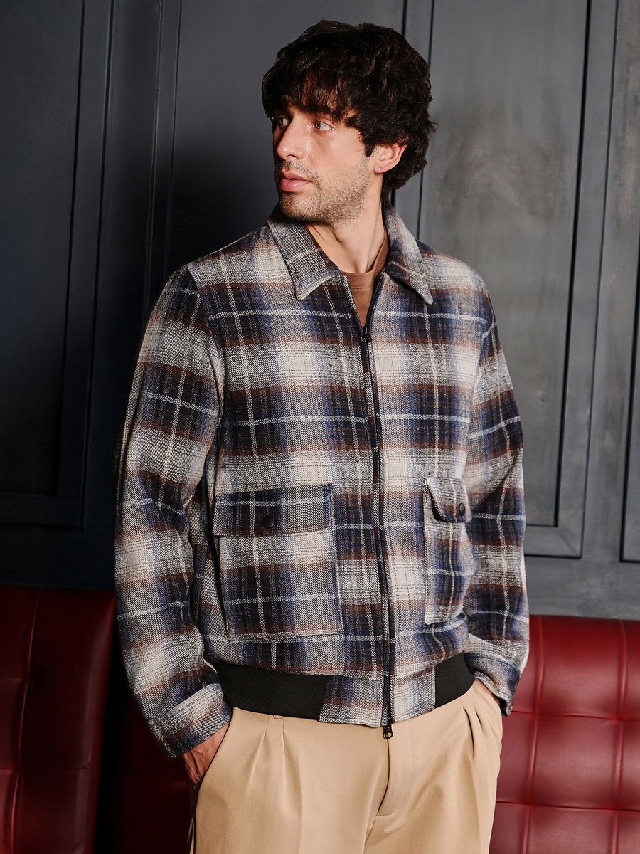 Men Navy Blue Zip-Front Plaid Jacket