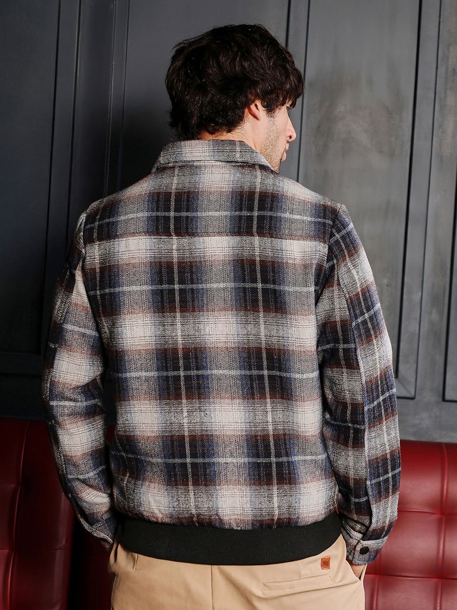Men Navy Blue Zip-Front Plaid Jacket