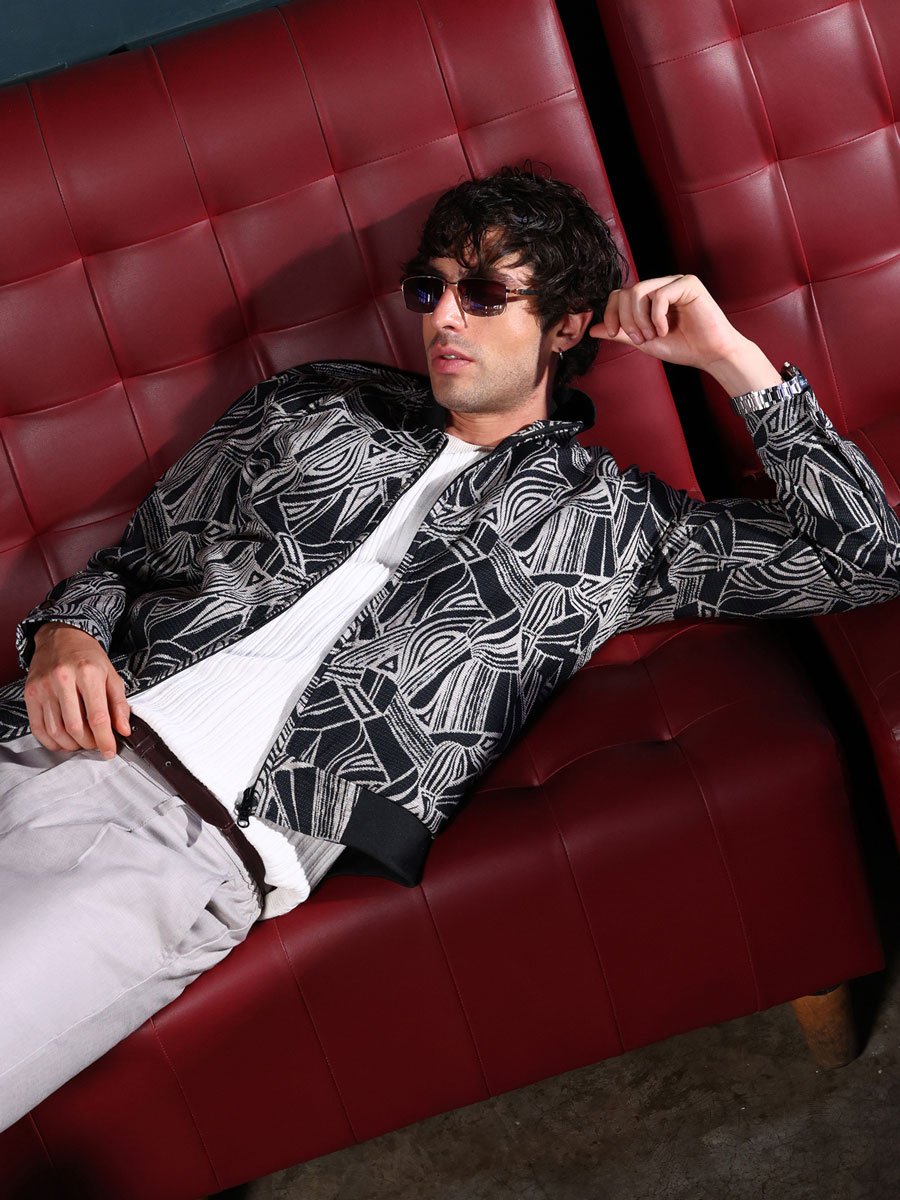 Men Black Stroke-Jacquard Bomber Jacket