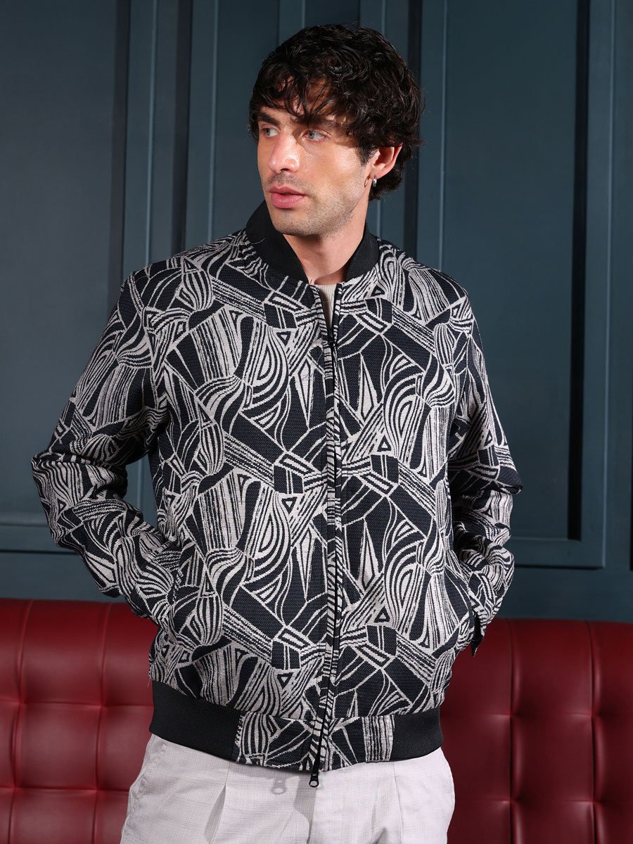 Men Black Stroke-Jacquard Bomber Jacket